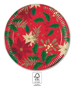Karácsonyi Holly Poinsettia papírtányér 8 db-os 23 cm FSC