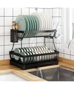 Edényszárító csepegtető tálcával kétszintes fekete (dish-rack-black-5-2-layer-DRB-5-2)